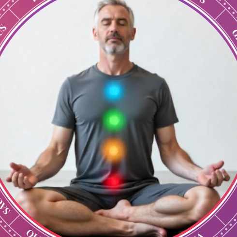 A man meditating with glowing chakras