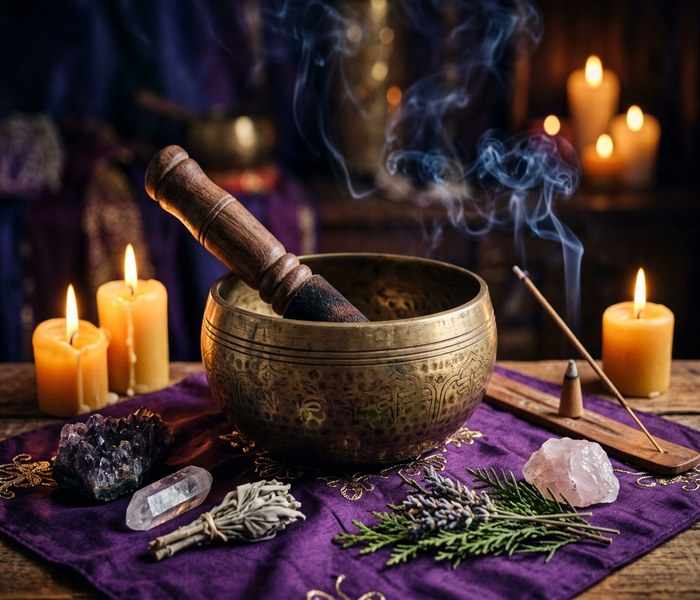 Hand-hammered brass singing bowl with striker and incense smoke for sound healing
