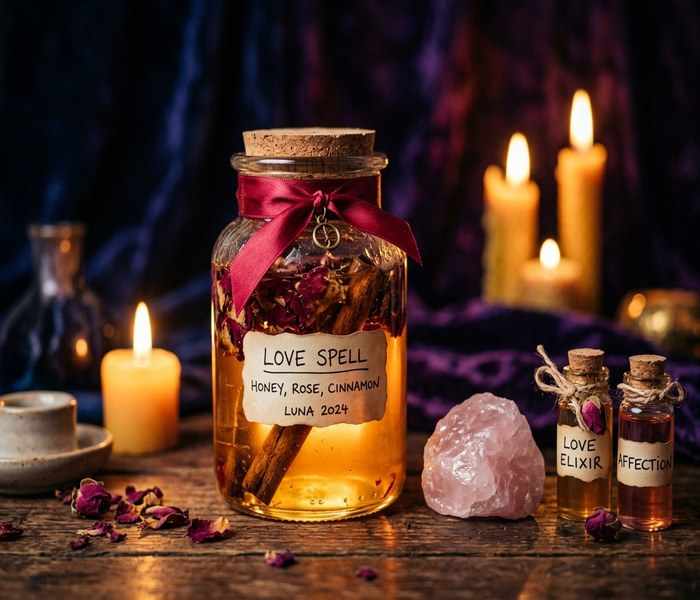Glass spell jar with golden honey, red rose petals, and rose quartz for love attraction