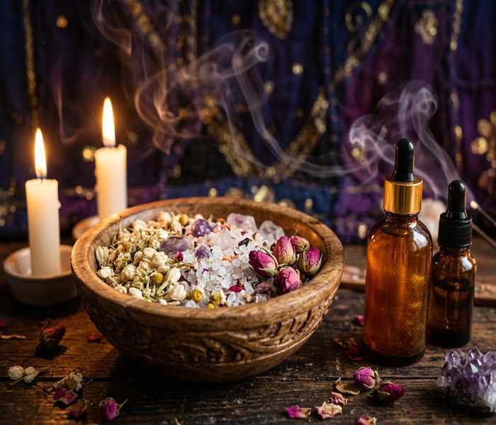 Carved wooden bowl with blessed crystal bath salts, botanicals, and golden elixirs