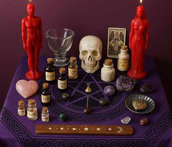 Red figure candles, love oils and crystals on a purple altar cloth