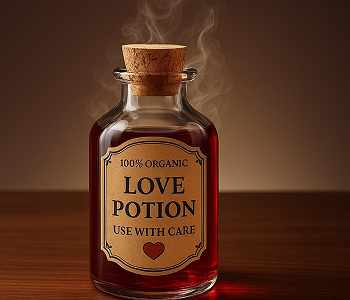 A corked glass bottle of love remedy on a wooden table