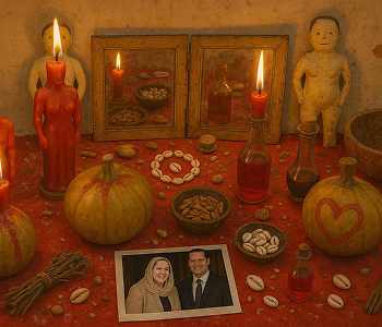 Candle altar with offerings and a framed photo of a couple