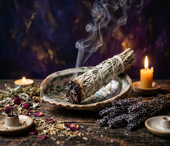 Smoking white sage bundle in an abalone shell with dried lavender and herbs