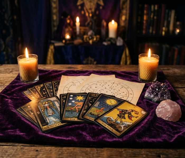 Mystical tarot cards and astrological charts with crystals by candlelight