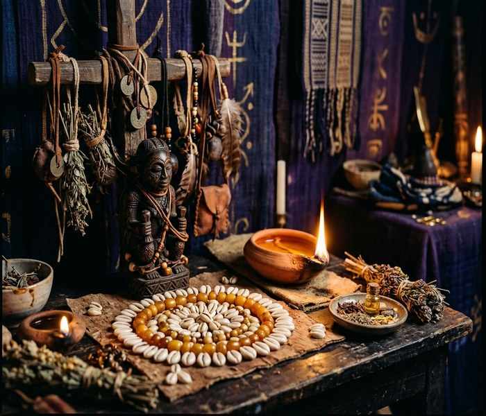 Traditional spiritual protection altar with cowrie shells, talismans and amber beads